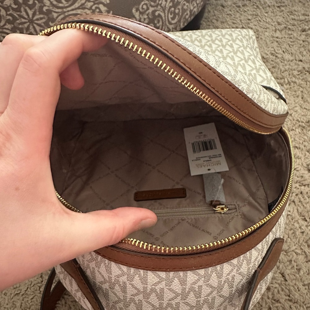 Michael Kors Beige Logo Mini Backpack with Brown Trim - Picture 3 of 4